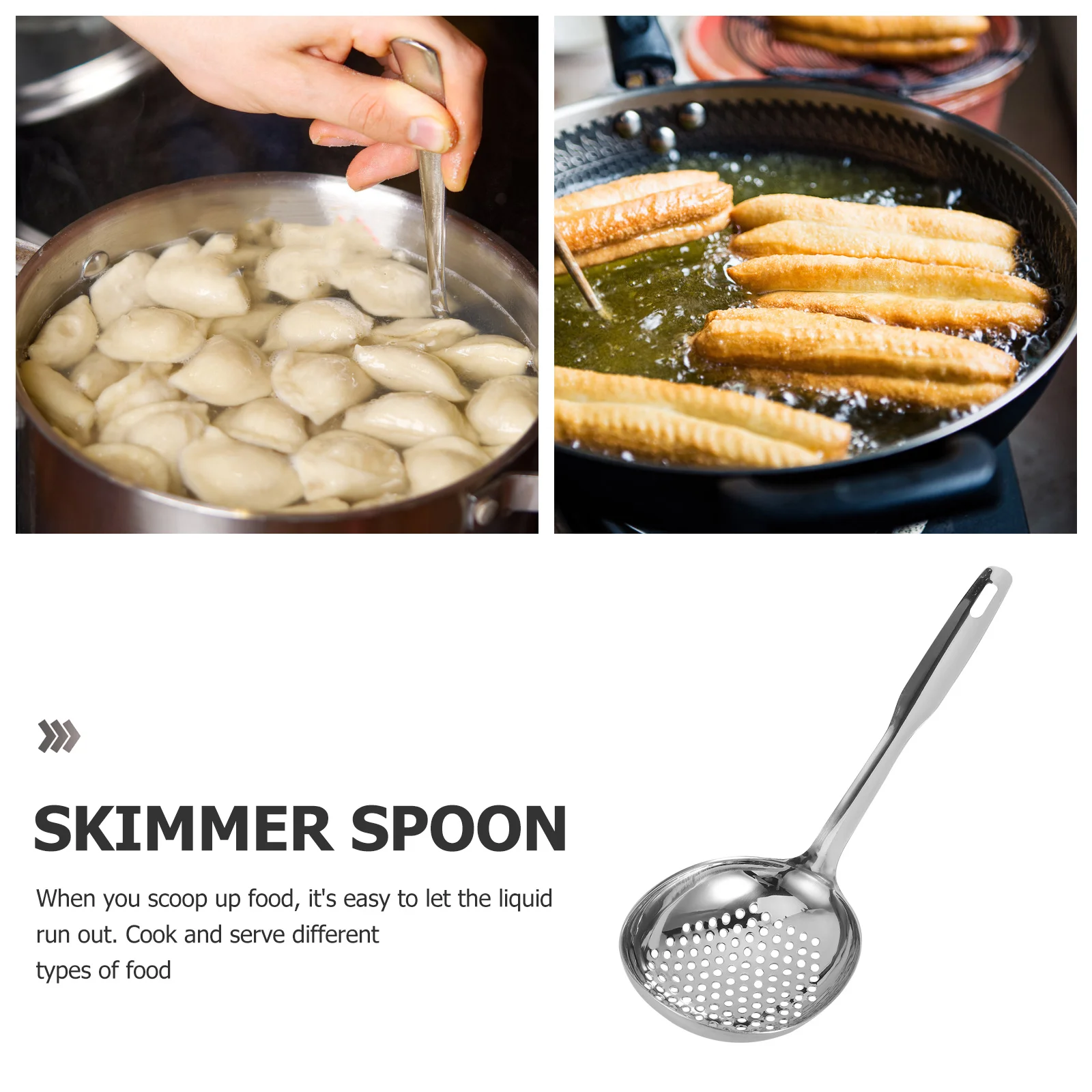 

Stainless Steel Colander Spoon Skimmer Slotted Spoon For Kitchen Utensils Fried Food Strainer Hanging Hole Polished Surface