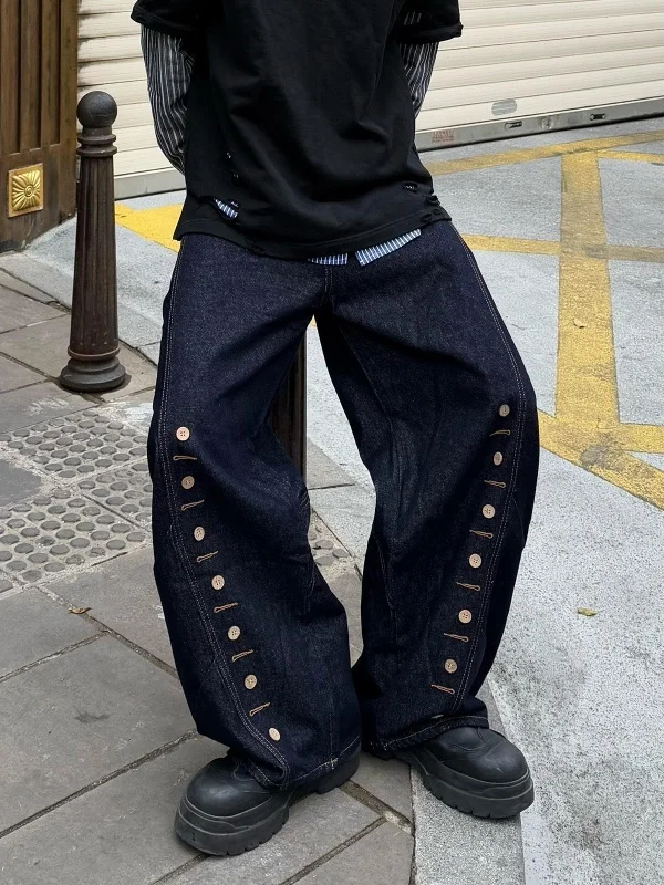 

Vintage Design Men's Loose Wide Leg Jeans High Street Hip Hop Retro Decorative Buttons Casual Straight Cut Long Pants