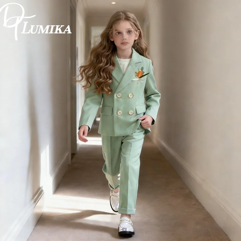 Elegant Girls Aqua Sophisticated Double Breasted 2 Piece Suit Jacket Trousers Wedding Formal Performance Wear For Kids