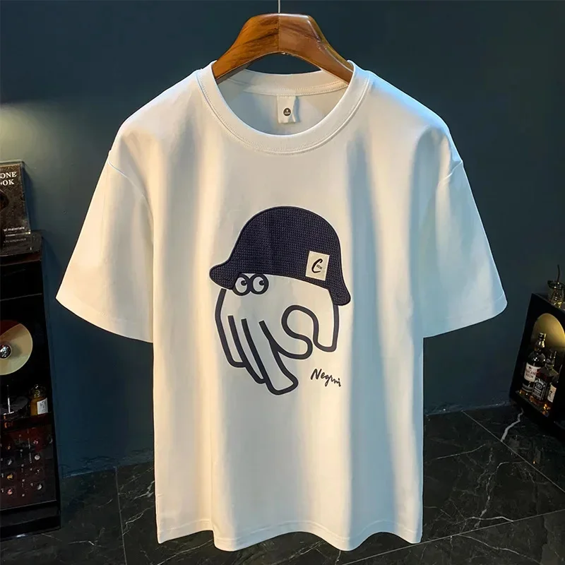 Summer printed embroidered T-shirt men's high-end fashion trend loose breathable versatile short sleeved top