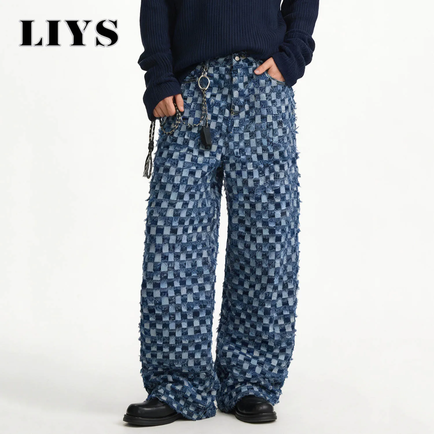 

LIYS Japanese Korean Style Checkerboard Jacquard Baggy Wide-leg Jeans Trend Jacquard Casual straight leg Denim Pants Unisex