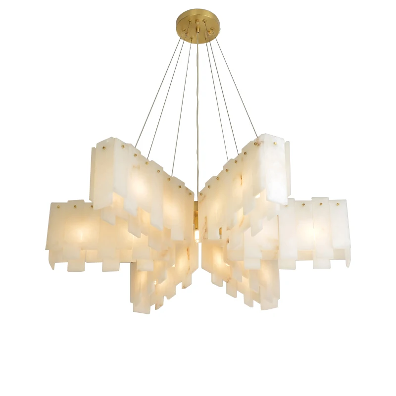 Sophisticated Modern Art Deco Gold Metal Geometrical Stepped Frosted Stone Chandelier Pendant Light for Dining Living Room Decor