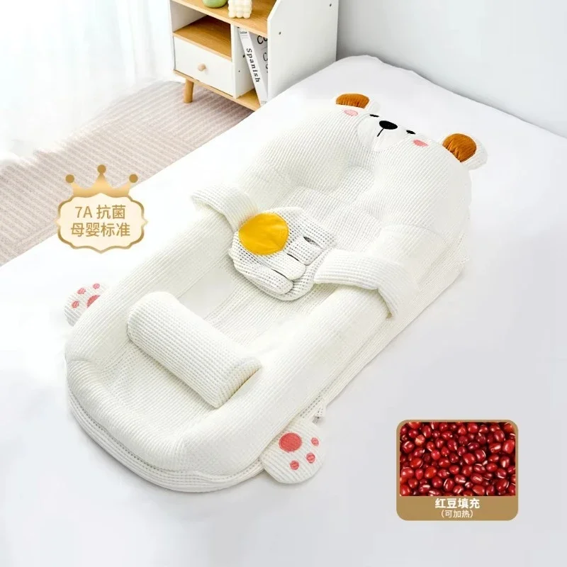 Höhenverstellbares Kinderbett mit Anti-Spuck-Rotbohnen, warmen Palmen, beruhigende Puppe, waschbar, tragbare Babybettwäsche