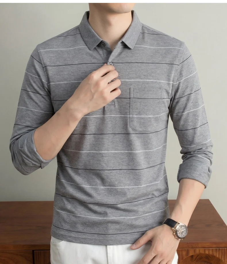 Hochwertiges gestreiftes Langarm-Poloshirt für Herren, neues Komfort-Taschendesign, Frühling/Herbst, luxuriöses Business-Casual-T-Shirt. – Detail 12