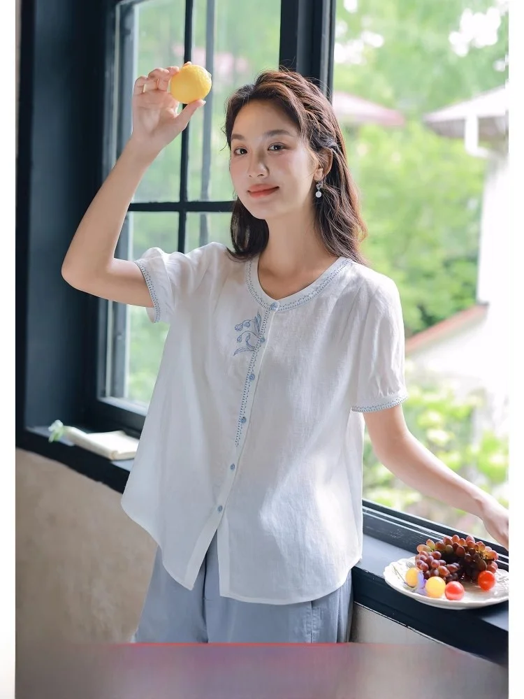 

Красно-белая вышитая льняная рубашка для женщин, летняя новинка, свободный повседневный топ, удобный, дышащий, экологичный