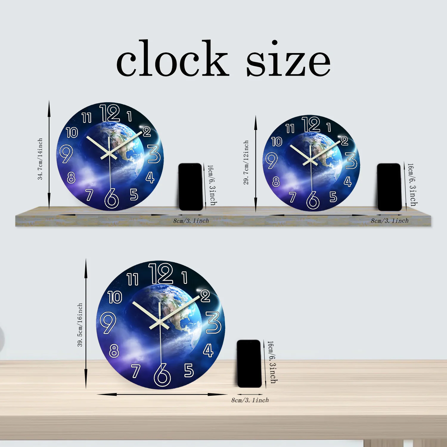 Creative Earth Luminous Wooden Wall Clock Living Room Bedroom Kitchen Home Decoration Wall Clock Silent Quartz Clock Holiday Gift 12 Inches 14