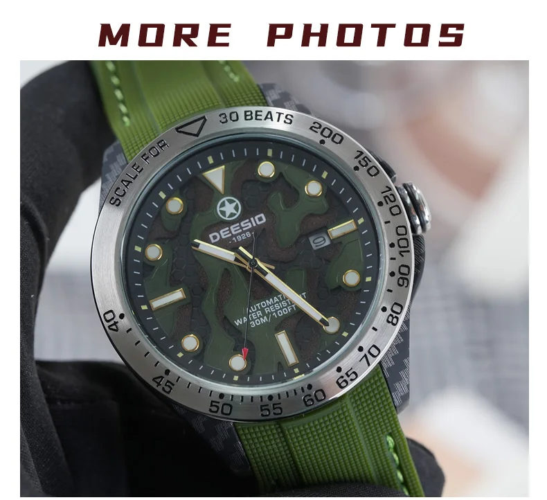 Dessio Men's Automatic Mechanical Watch | Upgrade Carbon Fiber Case Sturdy & Durable About 80g | 30M Waterproof | Luminous Dial | Date & Day Display | Trendy & Elegant Design for Business/Casual/Outdoor | Silicone Green Watch Strap | Lightweight & Sport |