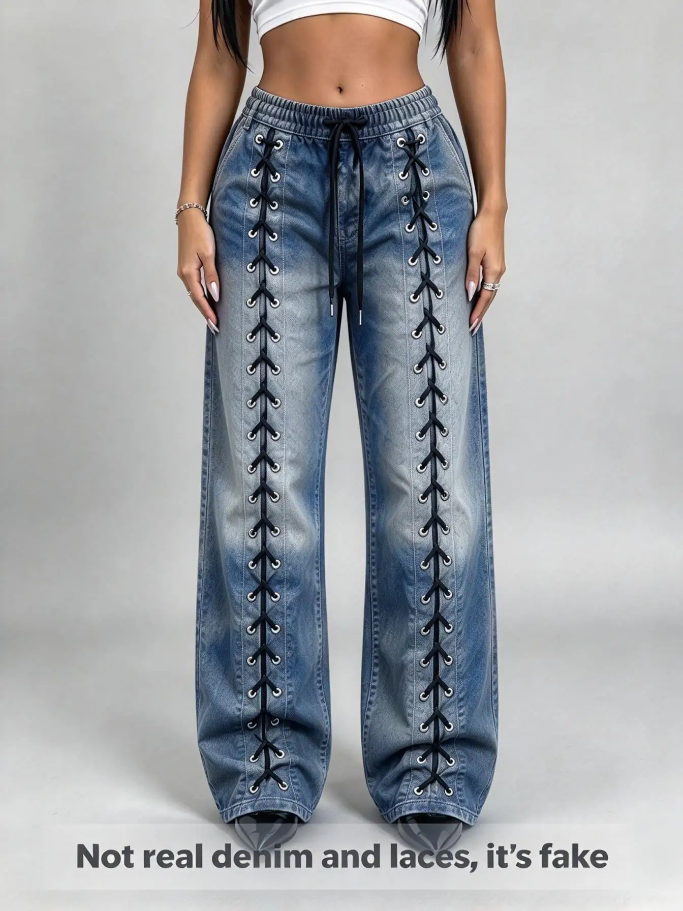 Women Low Waist Wide Leg Sweatpants Faux Denim Lace Up Print Elastic Drawstring Casual Trousers With Pockets