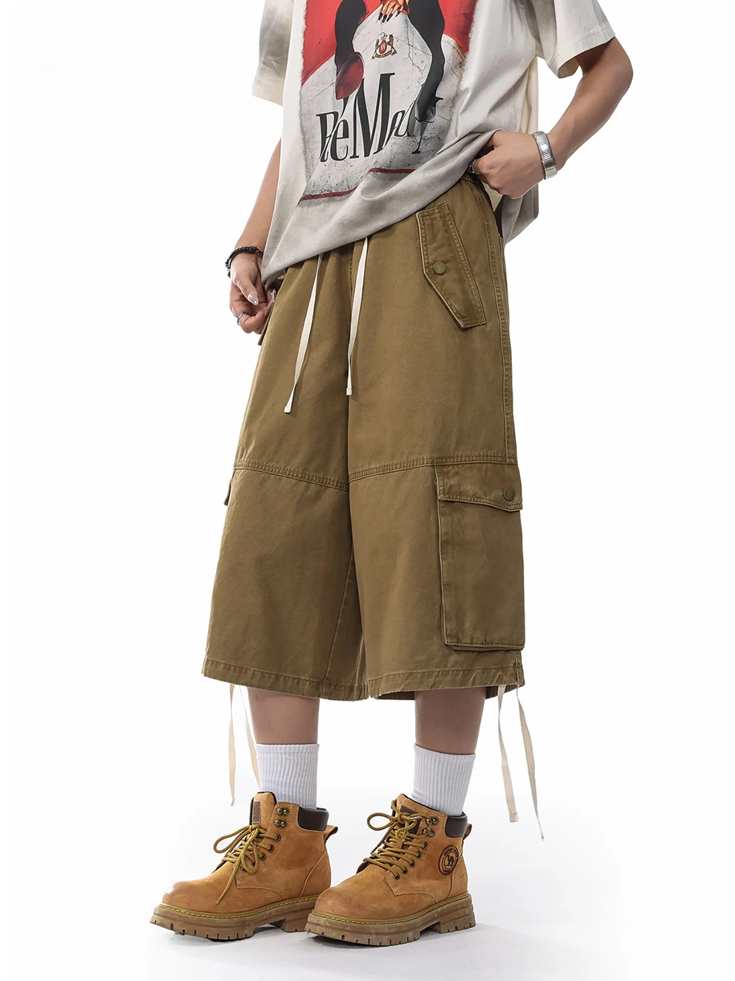 

JFU, новые летние мужские повседневные брюки в американском стиле ретро, свободные прямые брюки с несколькими карманами, рабочая одежда, хлопковые повседневные брюки на семь футов