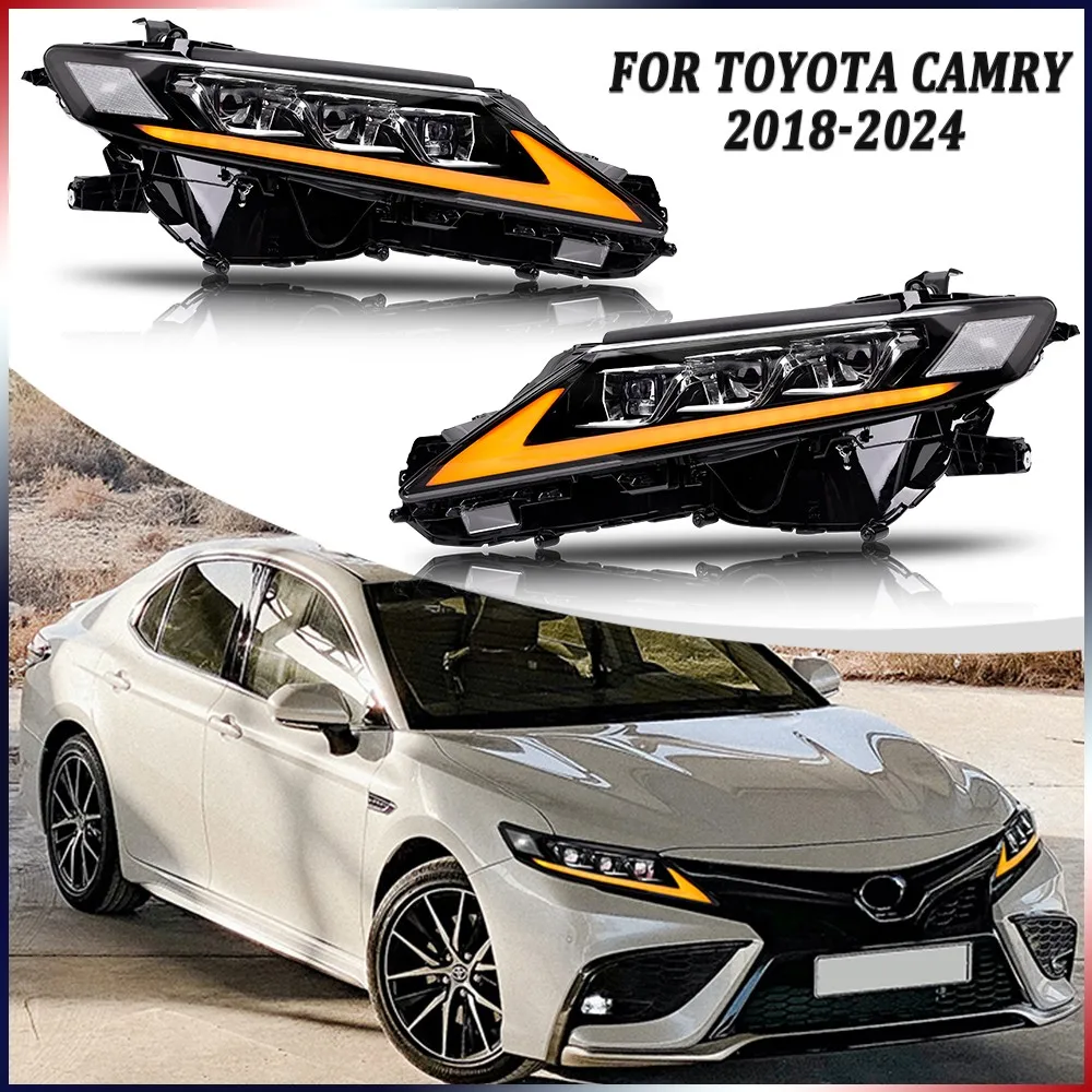 

2 шт. полностью светодиодные фары в сборе для Toyota Camry 2018-2024, передние фары, синие анимационные аксессуары для фар DRL