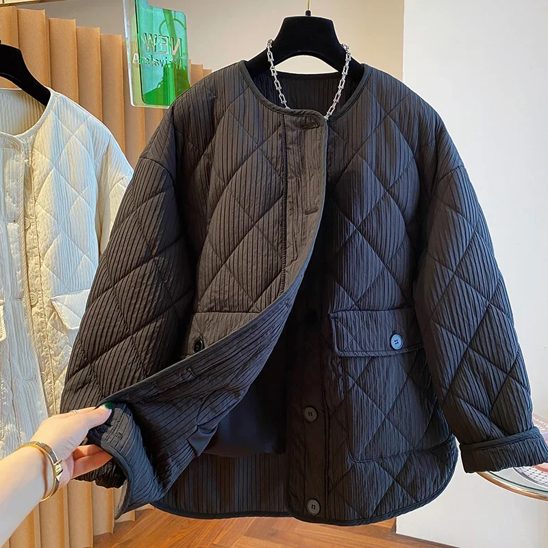 

Autumn And Winter Casual Versatile Loose Cotton-padded Coat Female Fashion Design Sense Niche Round Neck Cotton Jacket 2025 New