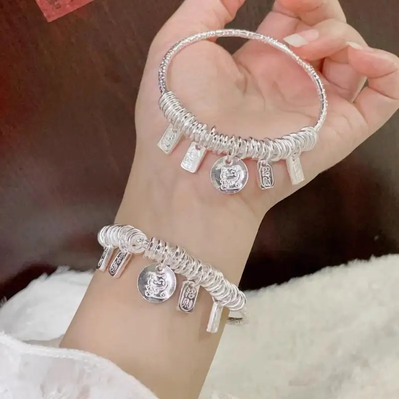 9999 Beaded Coiled Lucky Inscription Bracelet Women, Fortune Charm, Peace And Joy, Wealth-Attracting Silver