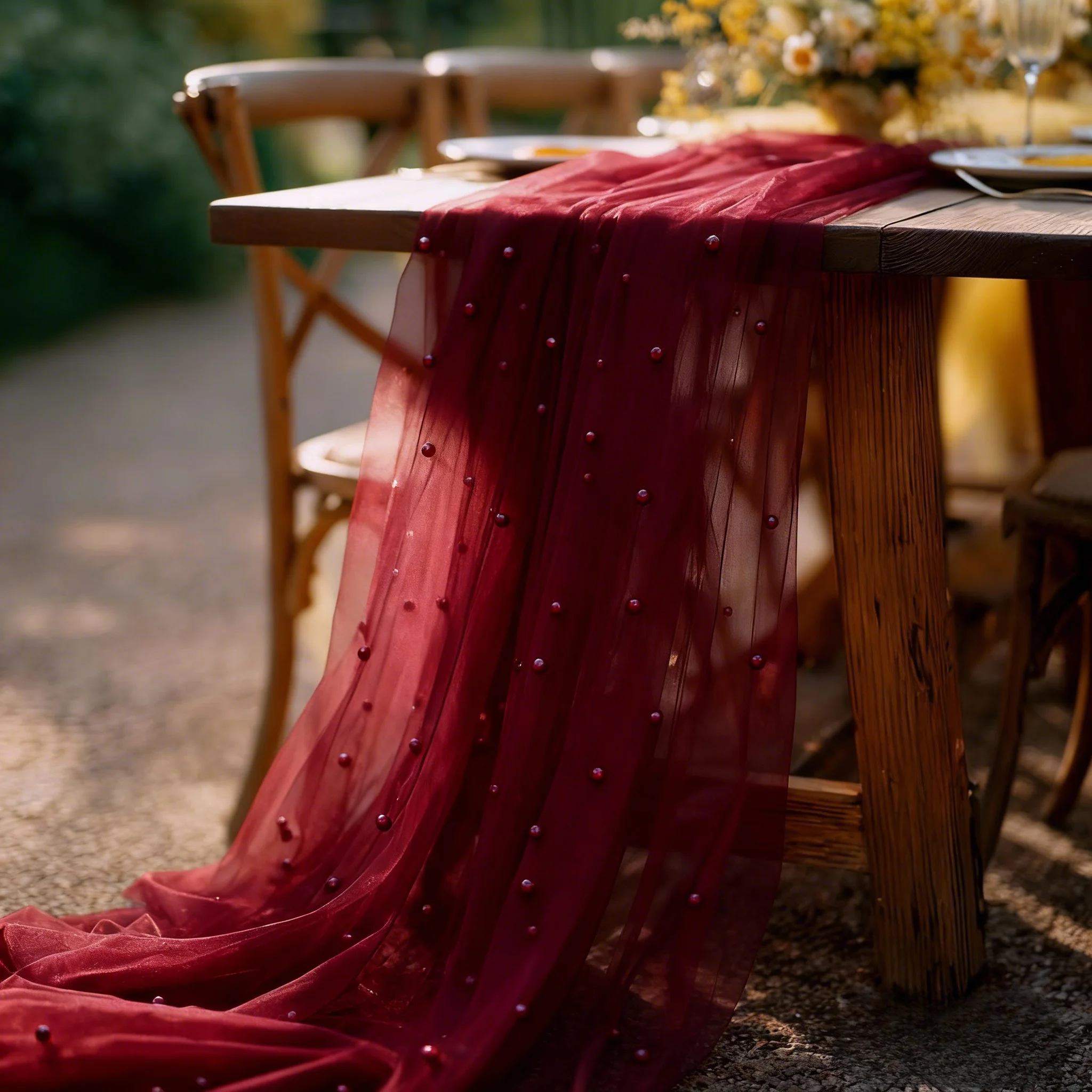 2pcs, burgundy elegant pearl tulle table runner/decorative item, suitable for wedding parties, Christmas celebrations, and more.