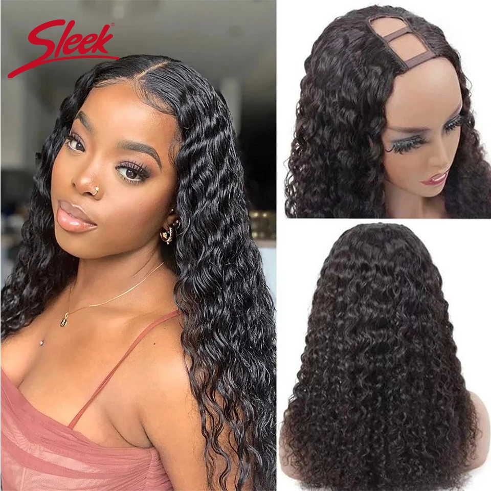 Sleek Black Dark Brazilian Deep Wave U Part Wigs 100% Real Nature Remy Water Wave Brown 2# Human Hair Wigs For Black Women