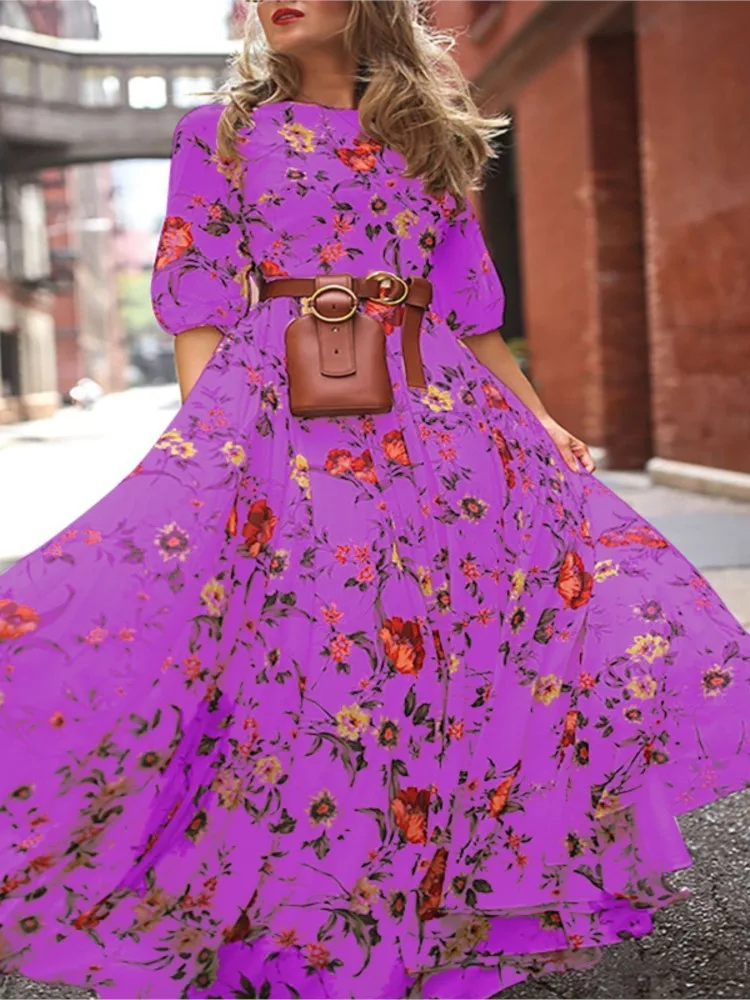 여성 패션 인쇄 편안한 캐주얼 드레스 여름 우아한 슬림 지능형 스타일 중반 허리 통근 라운드 넥 롱 스커트