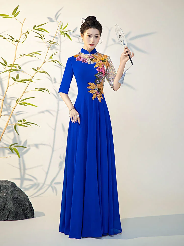 Performance costume long Chinese style host evening dress