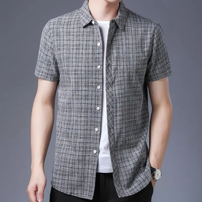 Men's Beige Plaid Short Sleeve Shirt Button Down Casual Slim Fit Summer Dress Shirt