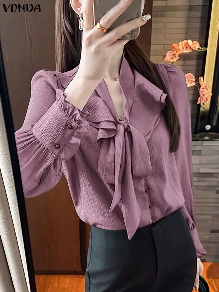 فوندا بلوزة أنيقة الصلبة المرأة طويلة الأكمام ضمادة القوس طوق مكتب موضة قميص للسيدات تكدرت الشارع الشهير Blusas الإناث #1