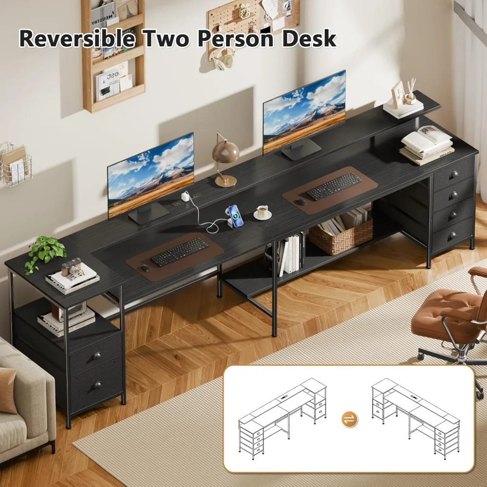 95 Two Person Computer Gaming Desk, Long 2 Person Home Office Desk with 6 Drawers & Storage Shelves, Double Table with