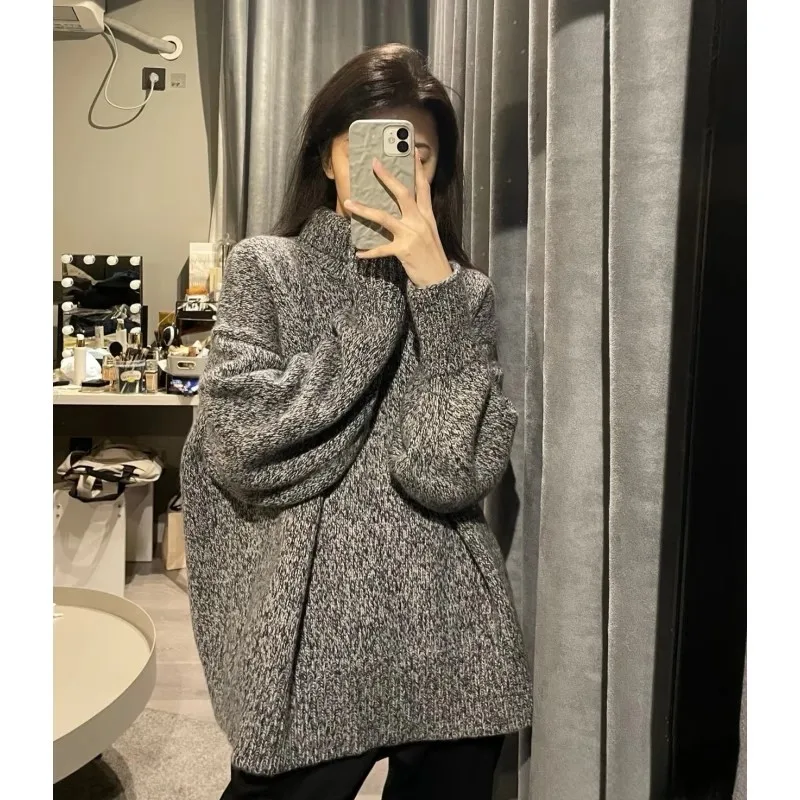 

High-end grey high-neck 100 pure cashmere sweater for women loose sweater for autumn and winter wool knitted sweater