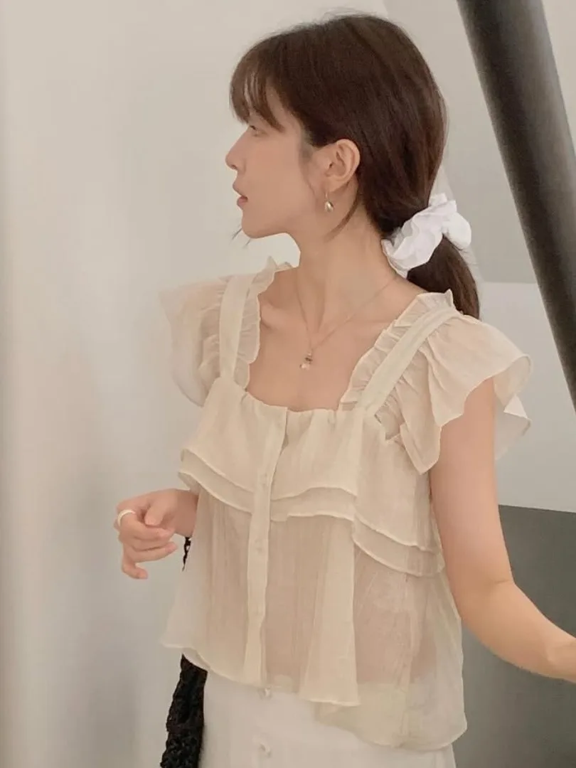 

Translucent Loose Women's irt Summer New Sle Gentle Splicing Lace Sve Commute Sle Inner Wear Casual Faion Top