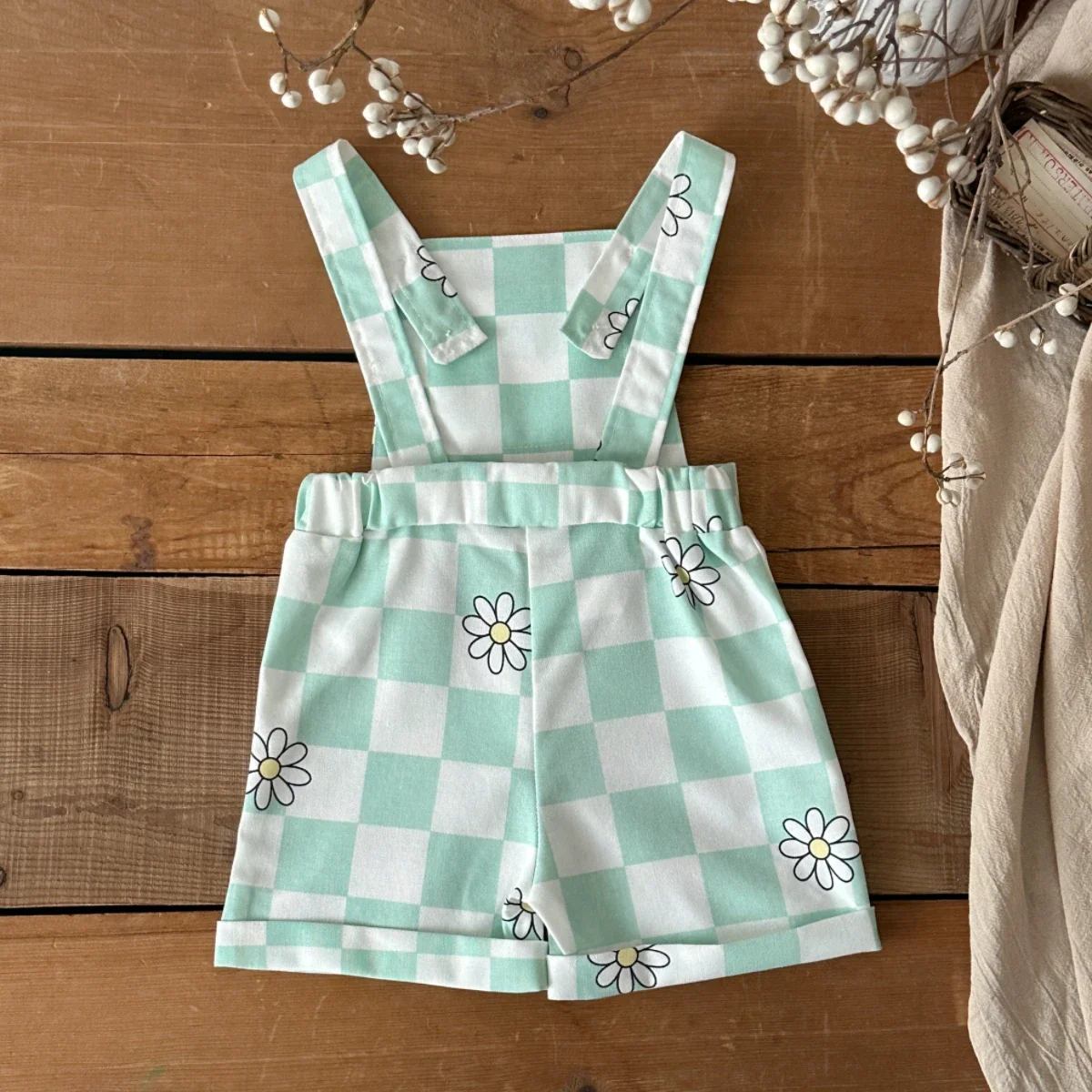 Summer Baby Boys Girls Jumpsuits Cute Flower Embroidery Checkerboard Pattern Overalls Suitable for Babies Aged 0-3Y