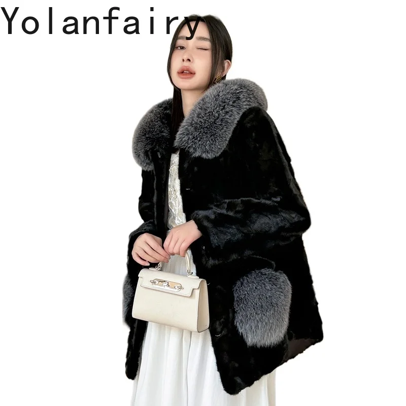 

YOLANFAIRY High Quality Splicing Mink Fur Coat with Hood Woman Winter Fox Fur Collar Fashion Warm Real Fur Jacket Women Fourrure