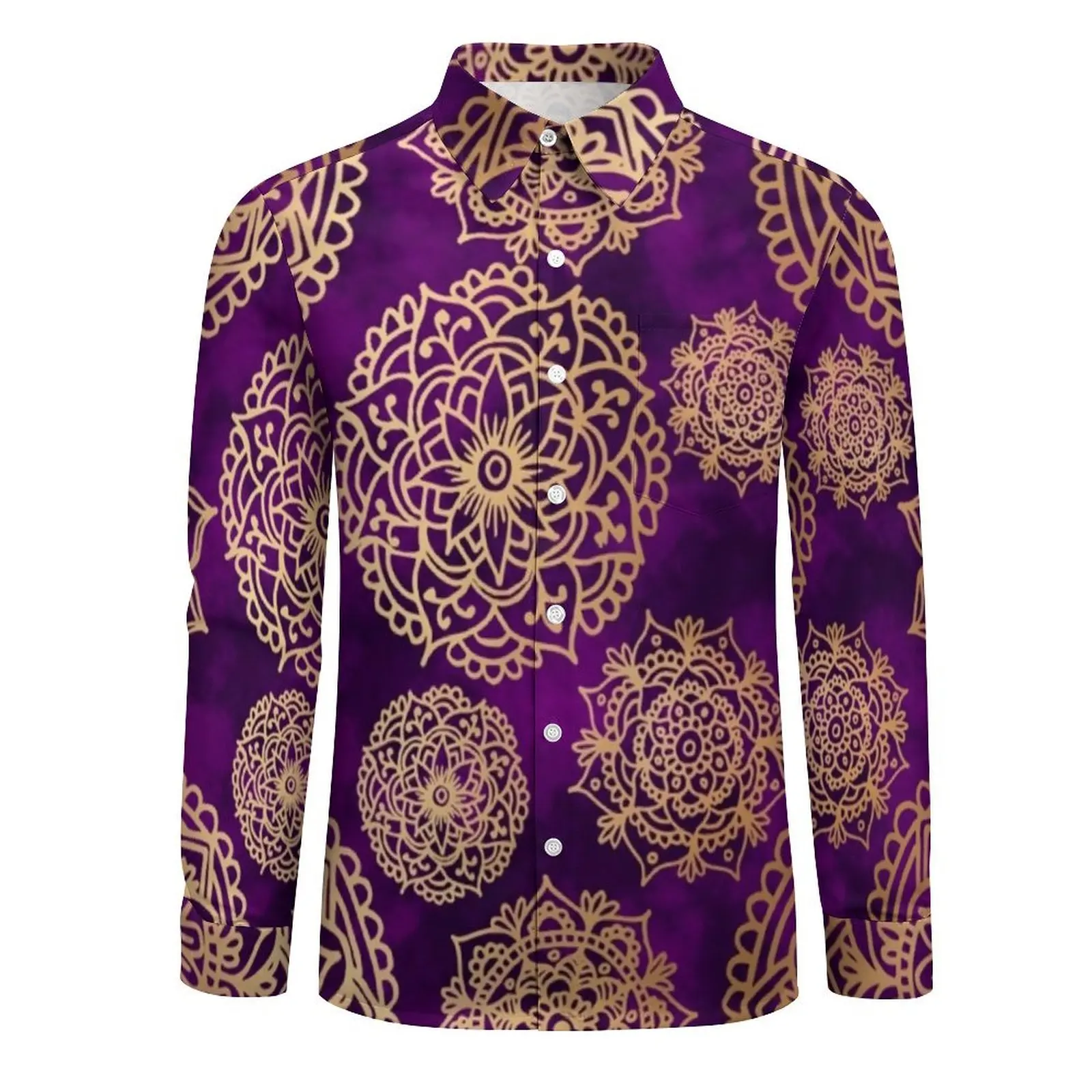 Purple And Gold Mandala Blouse Men Vintage Print Shirt Long Sleeve Classic Breathable Casual Shirts Spring Graphic Tops Big Size