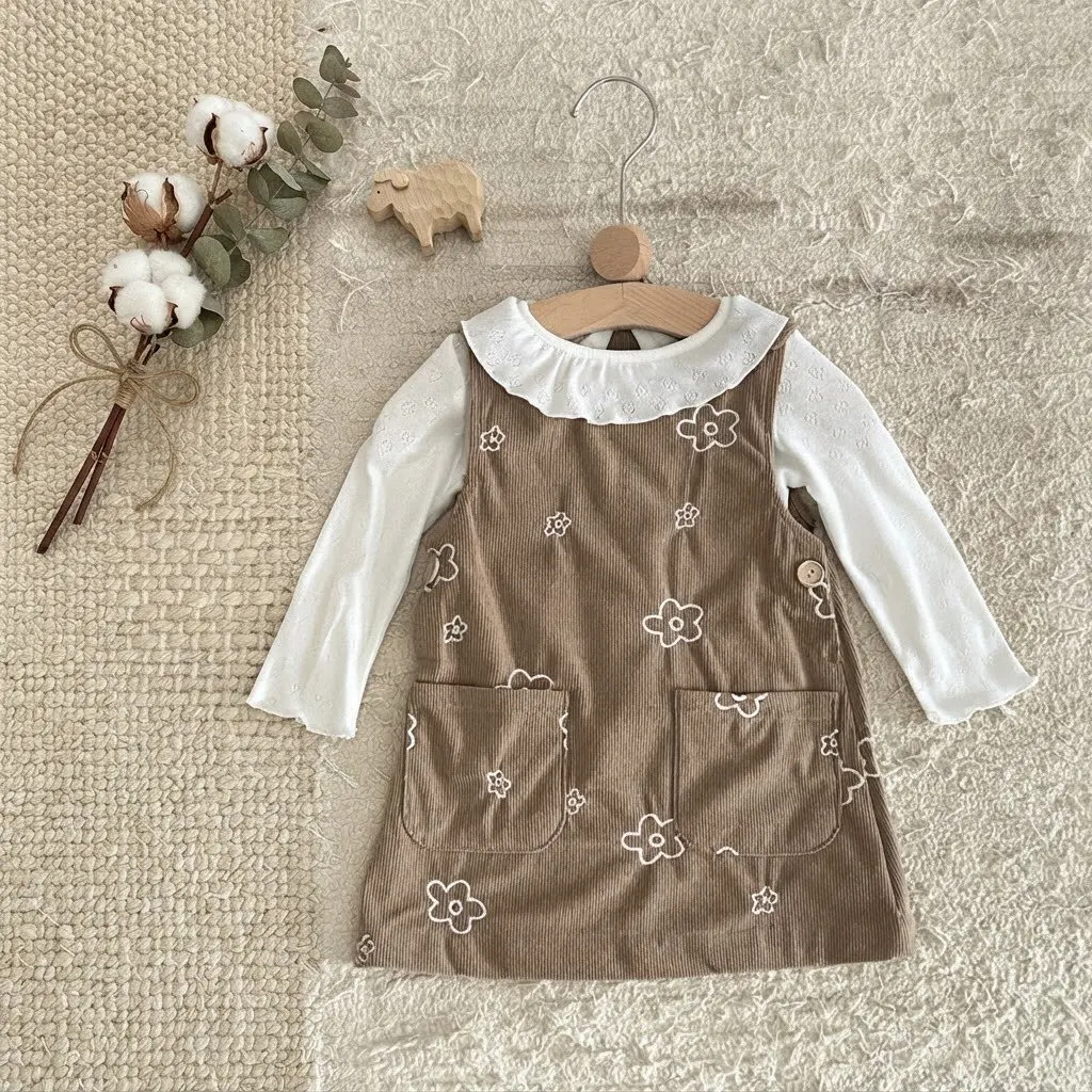 Braunes Cord-Kinderkleid für Mädchen, weißes, ärmelloses Strickkleid mit Blumenstickerei und Taschen – Detail 5