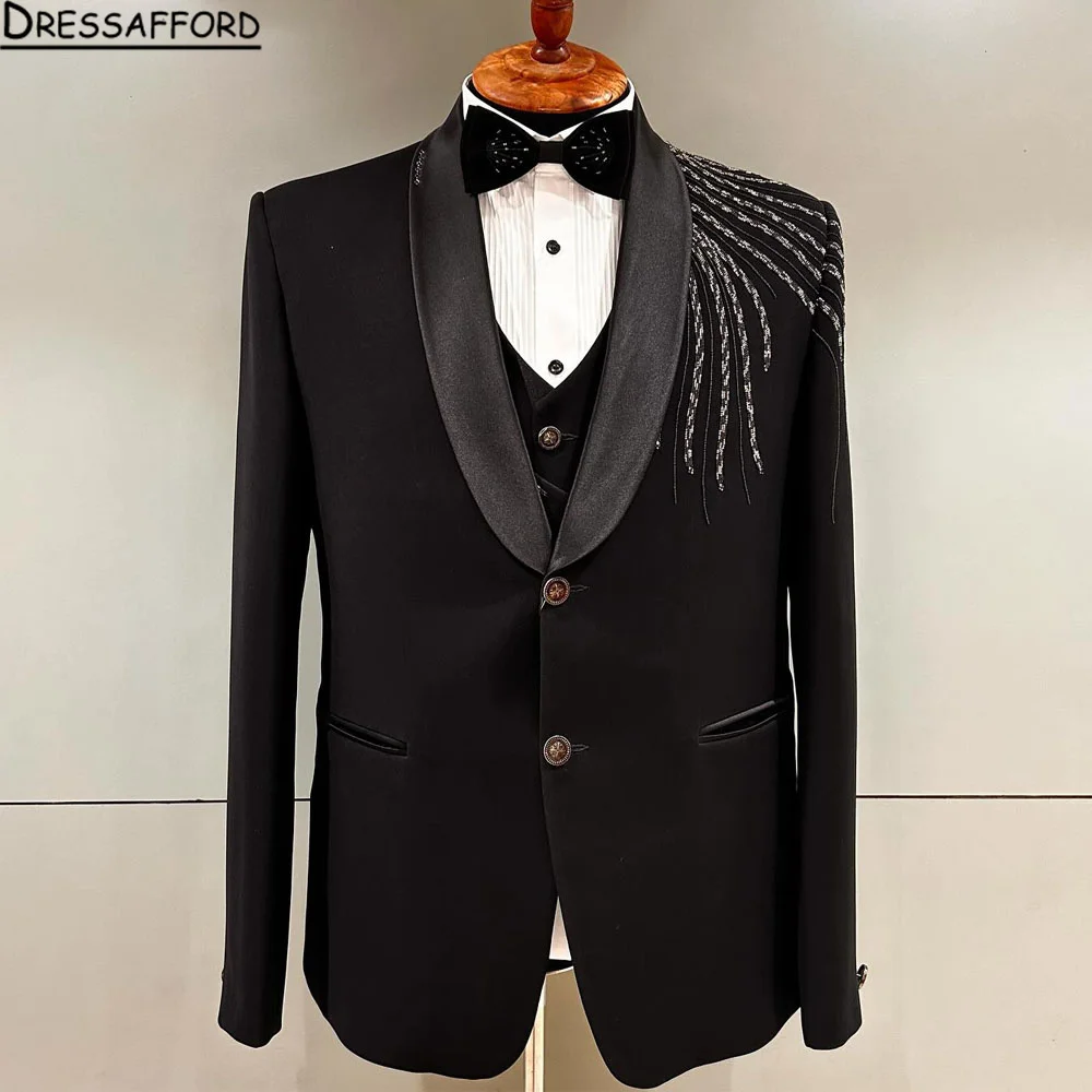 

Black Blazers Men Suits Beading Fashion Banquet 2 Piece Business Jacket Pants Trousers