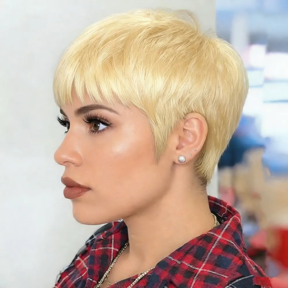 

Короткий прямой парик из натуральных волос 613 черного бордового цвета, стрижка пикси, 6 дюймов, машинная работа, 150% плотность волос.