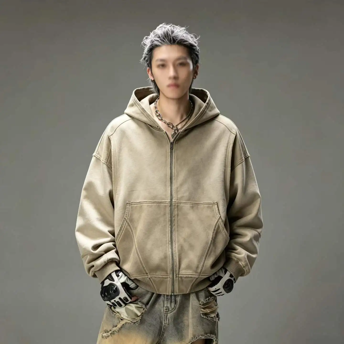 American Vintage Washed Zip Hoodie Men Women Deconstructed Seam Raw Edge Oversized Street Jacket