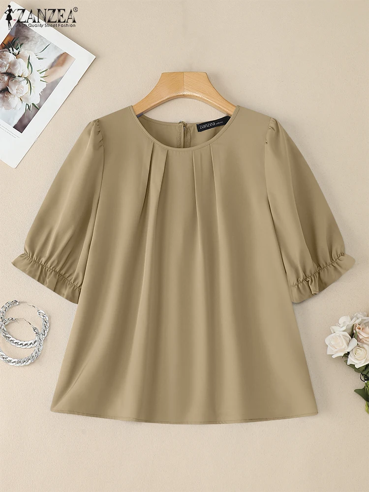 ZANZEA Camicette da donna 2025 Estate Casual Pieghettato O-Collo Mezza manica a sbuffo Blusas Mujer Elegante lavoro d'ufficio Pendolarismo Solid Top