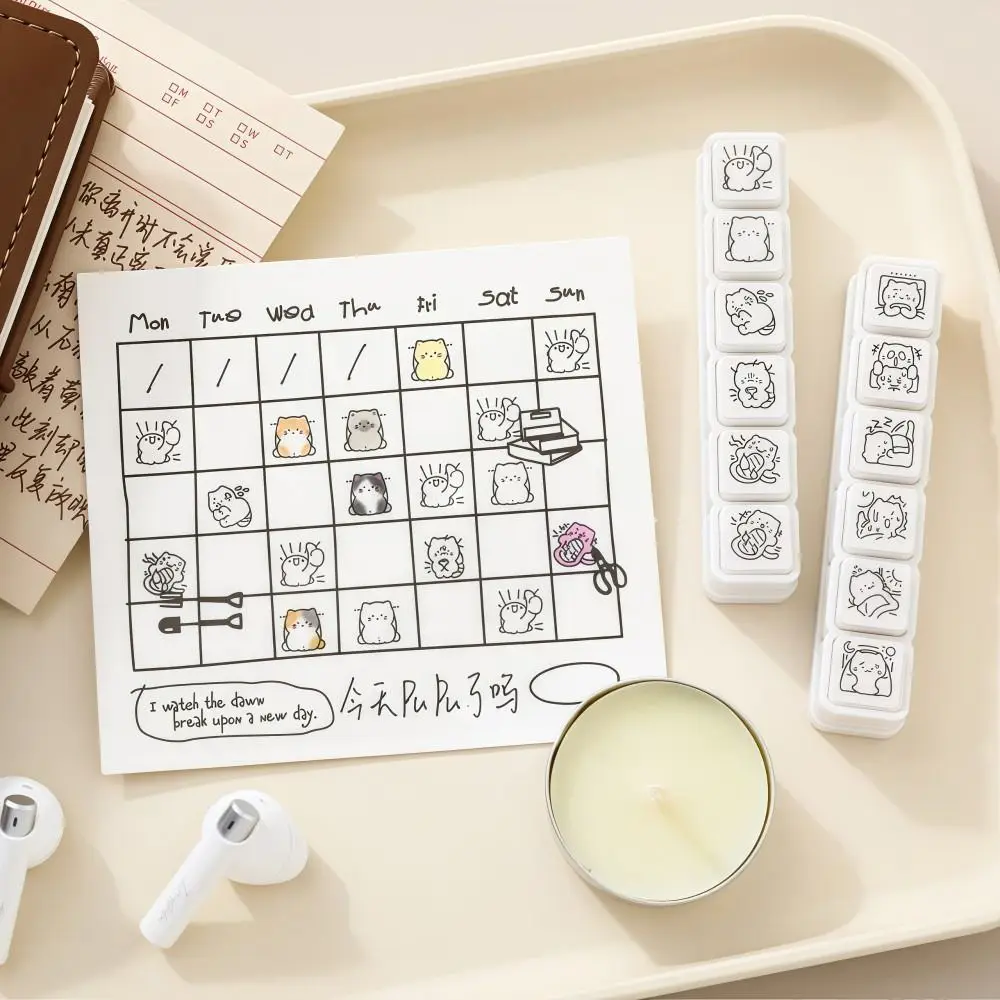 Cute Good Mood Series Cat Shape Stamp DIY Mini Cartoon Pattern Stamps 6 Lines Simple Diary Stamp Notebook Scrapbooking Decor
