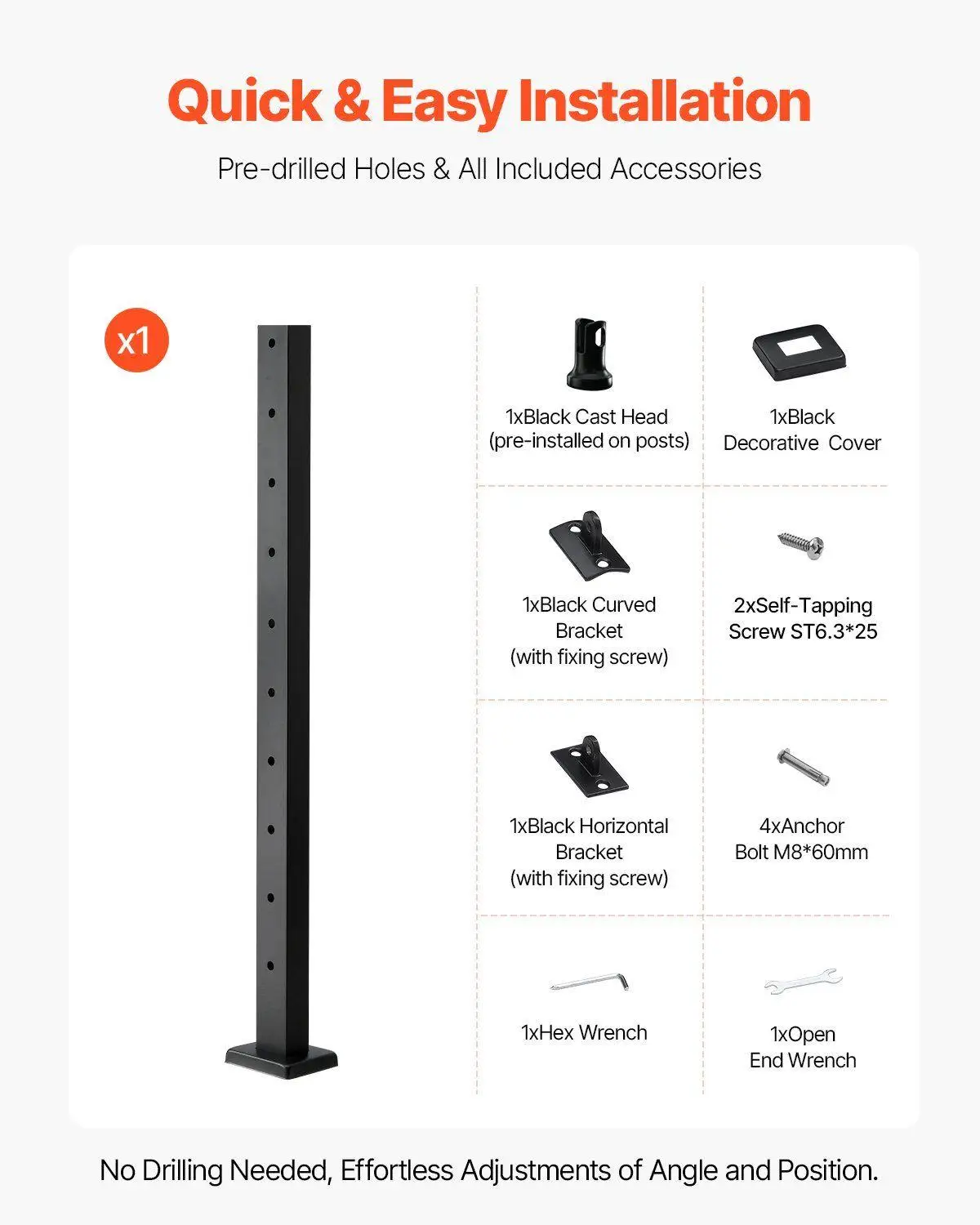 عمود سكة كابل 36 × 1 × 2 بوصة للطوابق مع دعامة تثبيت للطائرات مع لمسة نهائية سوداء من الفولاذ SUS304