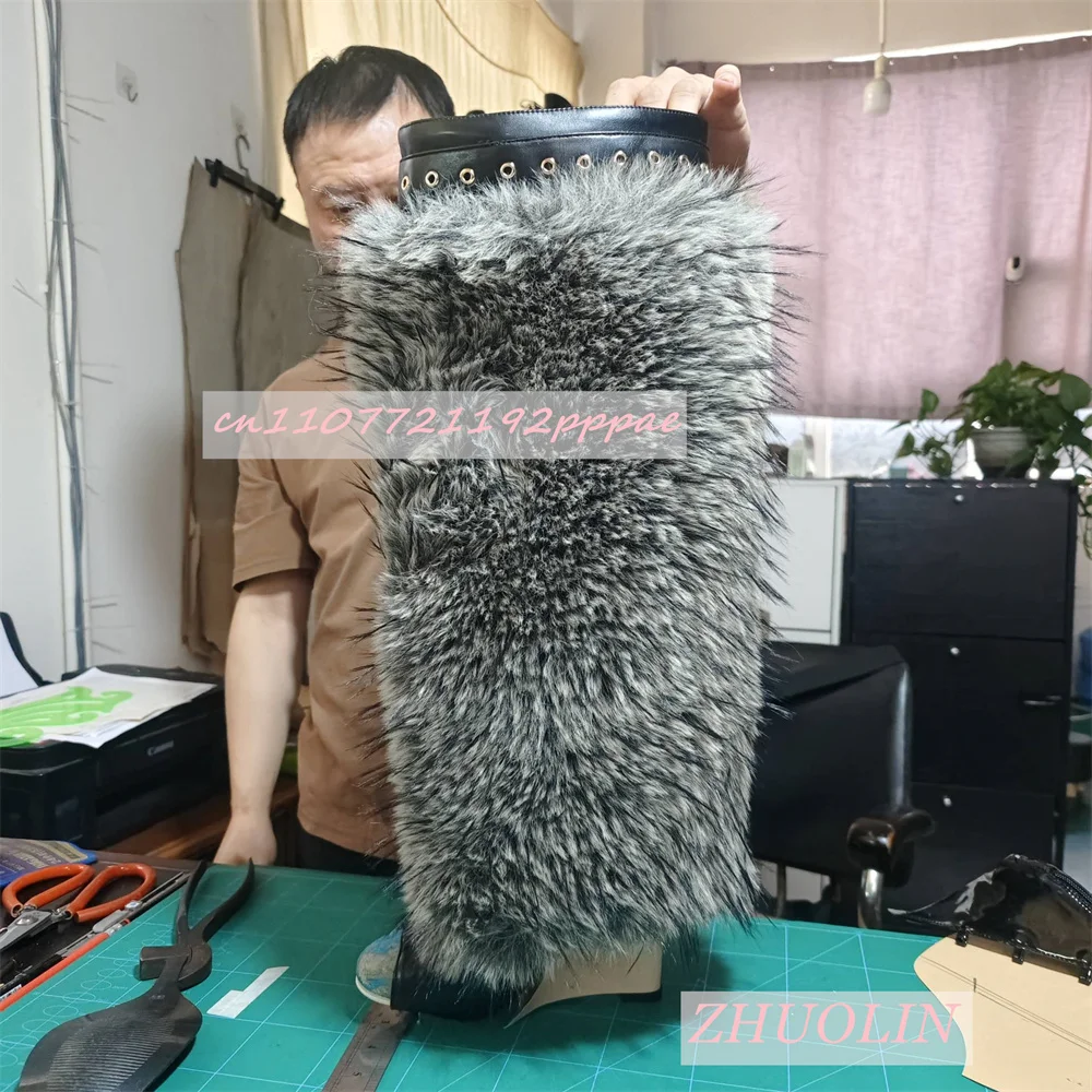 

Girls Grey Furry Wedge Heel Knee-High Boots Black Belt Buckle Open Toe Boots Autumn Fashion Party Dress Luxury High Heels Summer