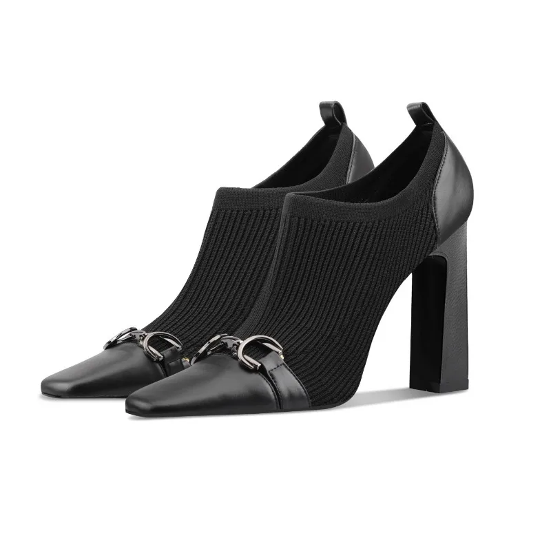 

Black High Heel Boots Winter Women Pointed Toe Chunky Heel Comfortable Short Boots Fabric