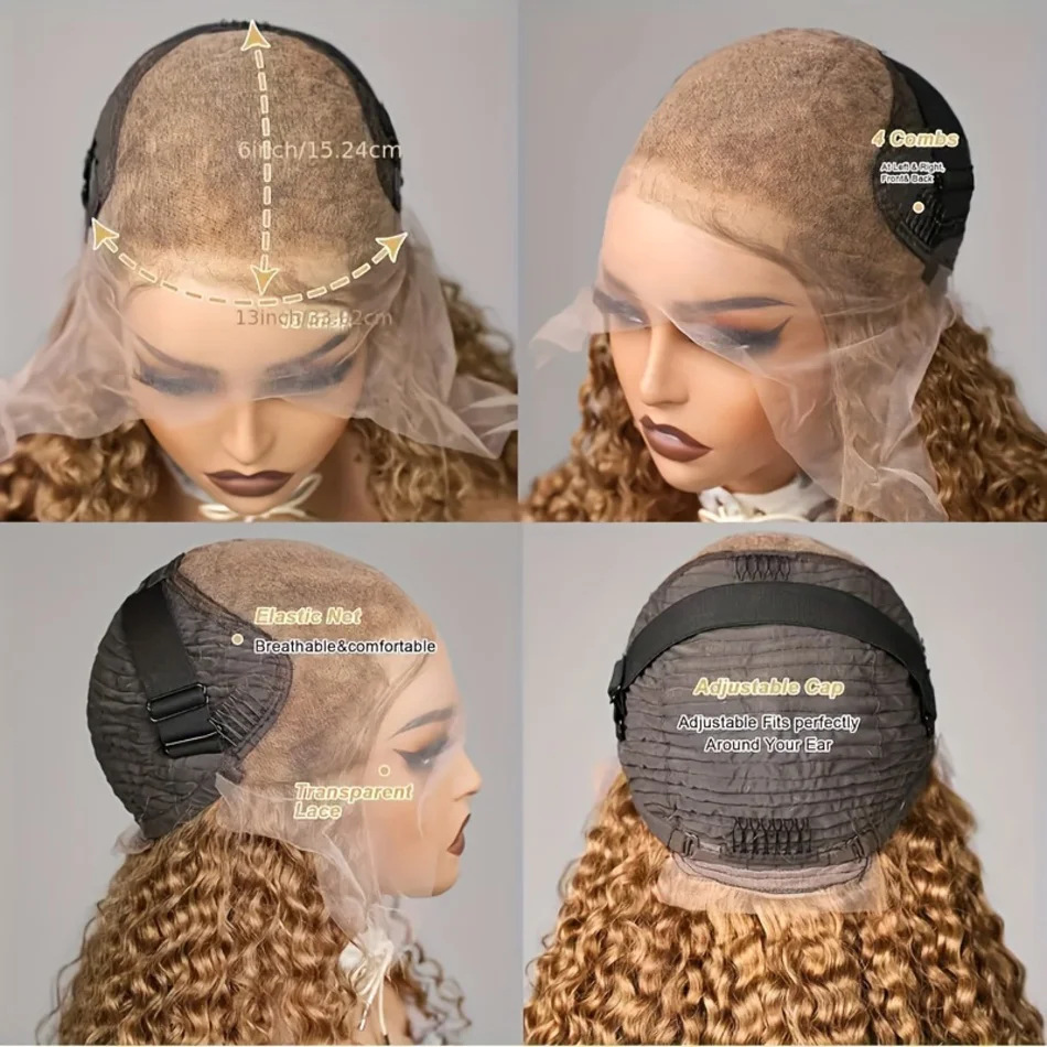 Deep Wave Honey Blonde Human Hair Wig #27 Curly HD Transparent Lace Front Wigs For Women Pre Plucked Wigs 200% Density 30 Inch image 6