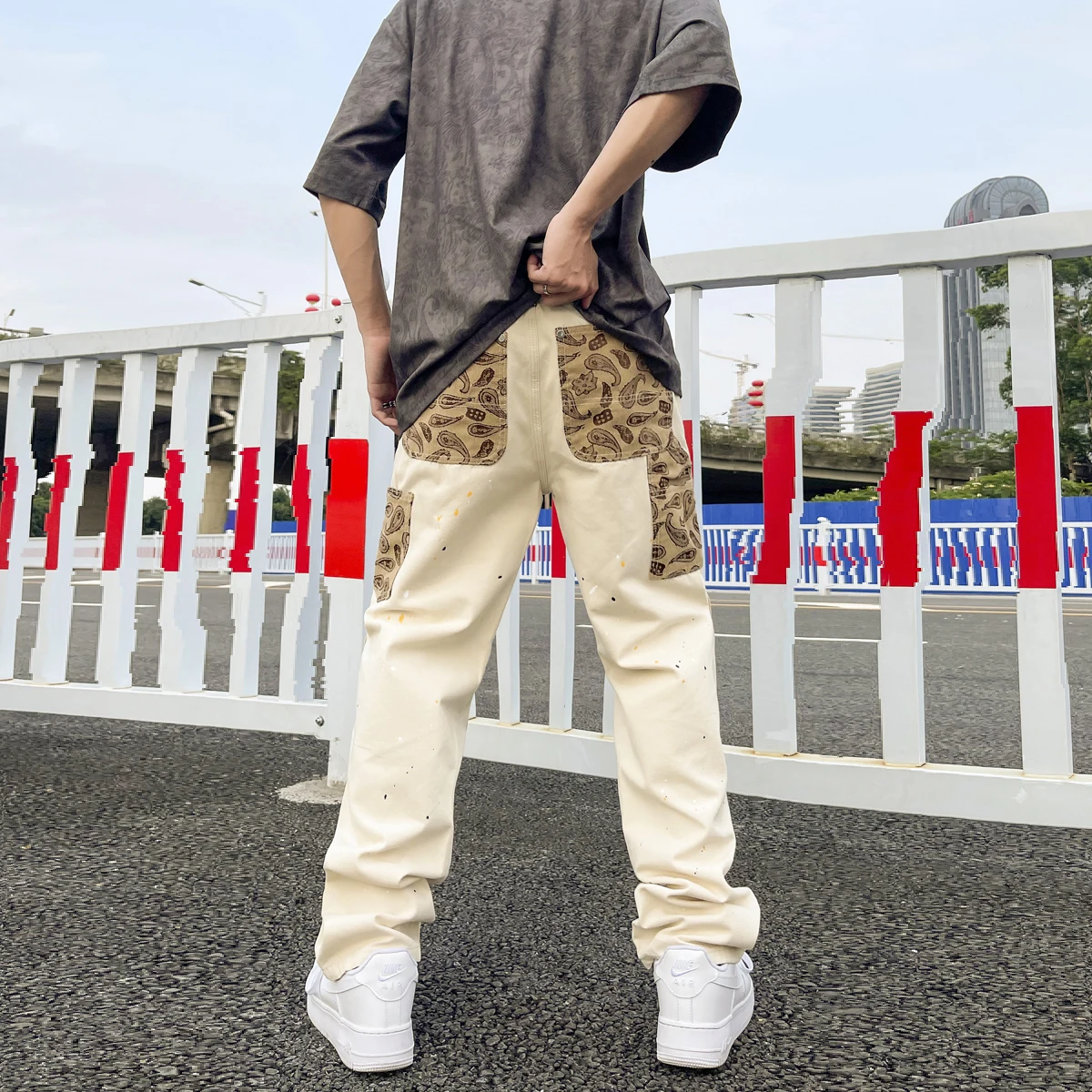 Hip Hop Khaki Cashew Flower Straight Leg Pants Overalls Ink Splashing Stitching Straight Canvas Trousers Retro Cargo Pants Men