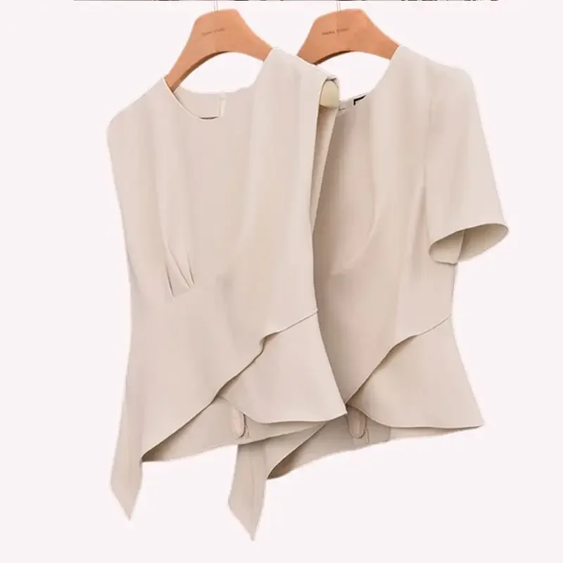 Pants two-piece women\'s summer new fashion suit irregular waist shirt coat semi-elastic waist wide leg straight tube pendant