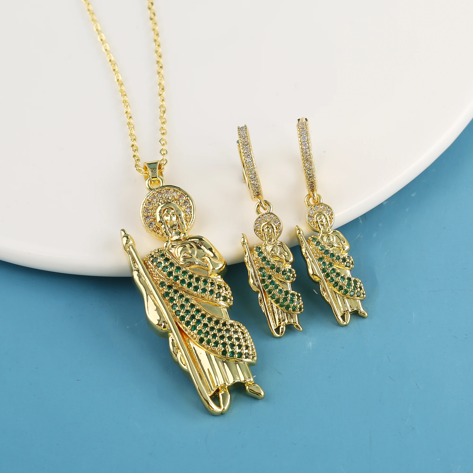 3PCS Religious San Judas Jewelry Set Necklace Earrings Simple for Woman Girl Party Wedding Zirconia Jewelry Gift Daily Wear