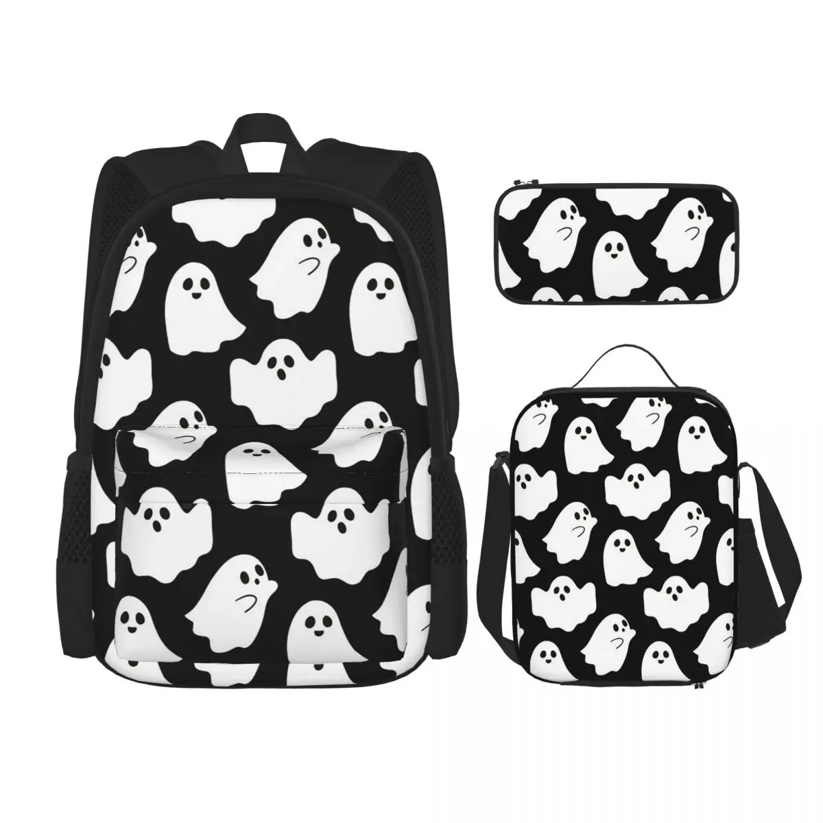 Spooky Ghost Halloween Cartoon Pattern Backpacks Kids Bookbag School Bags Rucksack Lunch Bag Pen Bag Three-Piece Set