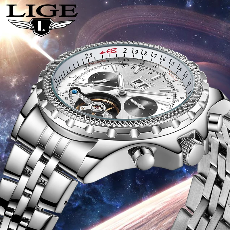 Man Mechanical Watch LIGE Business Luxury Fashion Stainless Steel Band Clock Waterproof Luminous Casual Automatic Wristwatch+Box