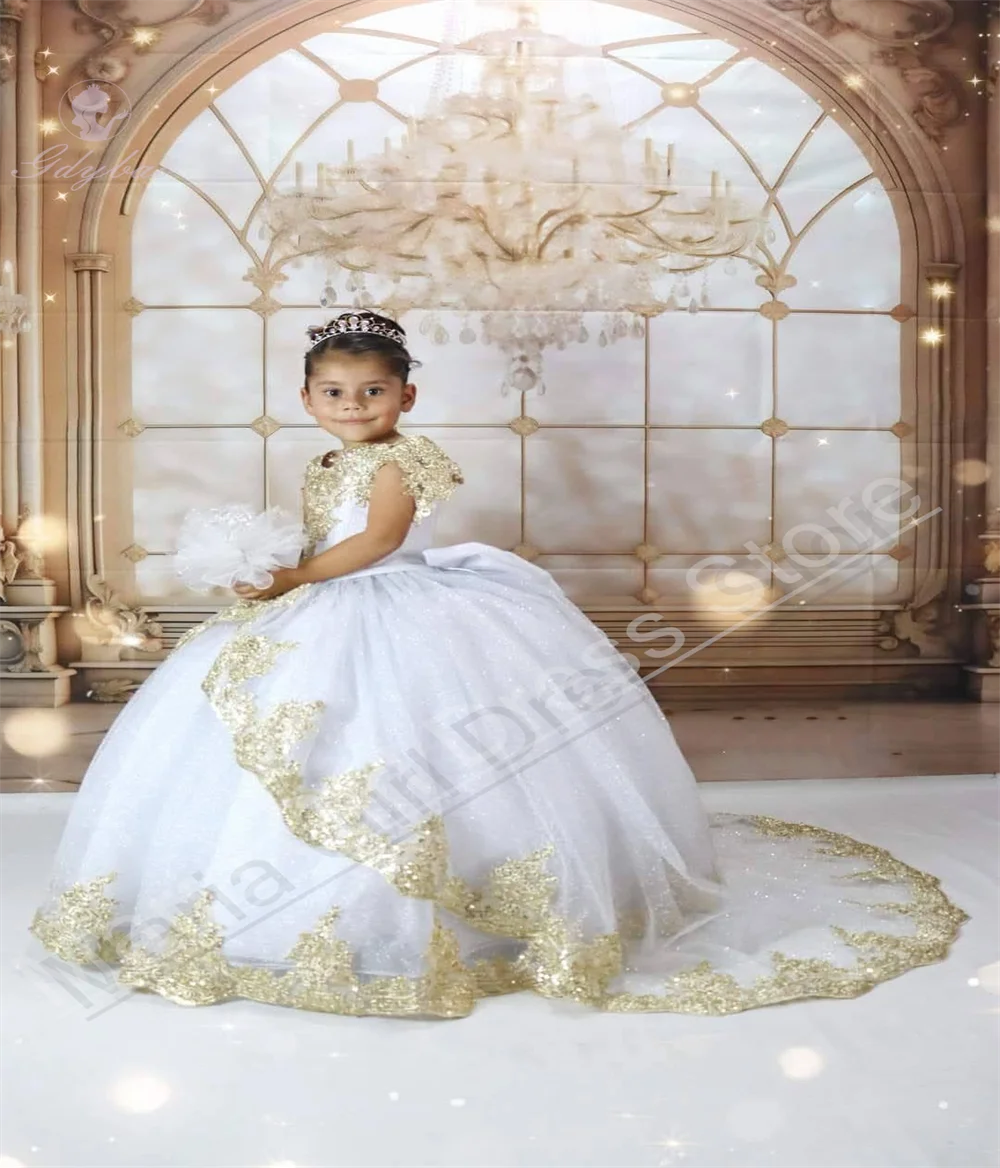 Robe blanche élégante à fleurs pour filles, adaptée aux mariages, avec des appliques en dentelle dorée, longue traîne, tenue d'anniversaire pour enfants