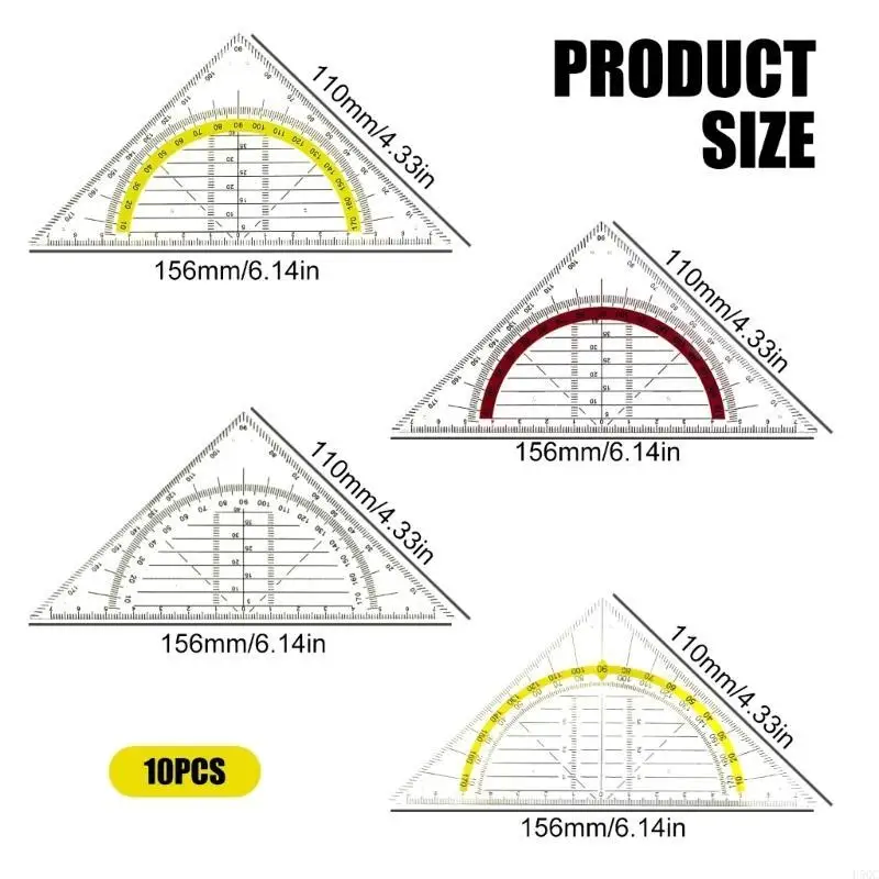 10Pcs Set Square with 180 Degrees Protractor Multifunction Geometry Set Square Angles-Measuring Instrument for Drafting D5QC