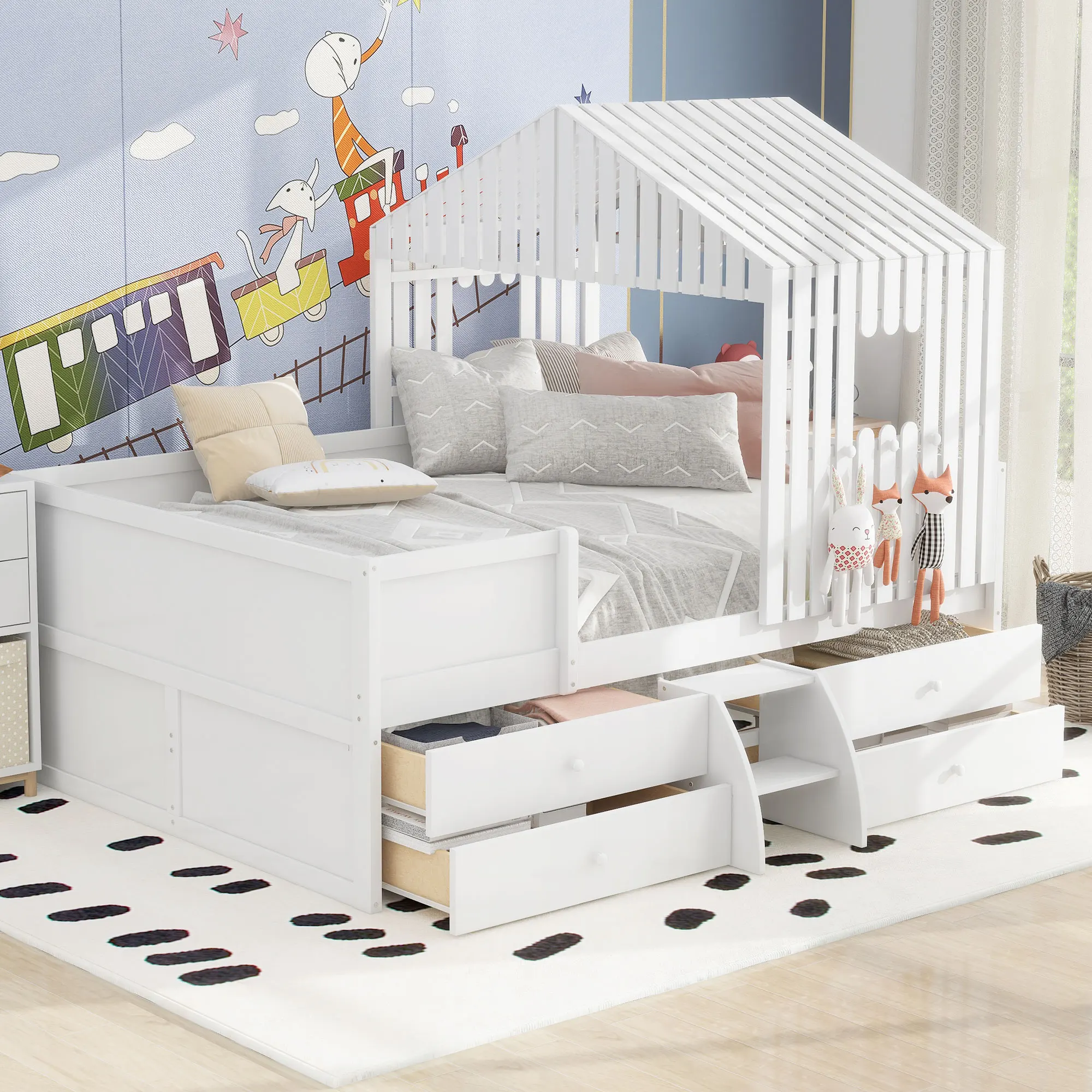 Full Size House Low Loft Bed with Four Drawers, White  77.80x57.60x60 in.