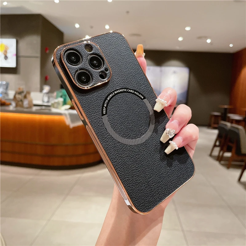 Luxury Magnetic Wireless Charge Leather Case For iPhone 14 15 Plus Pro Max 13 12 15 Pro Max Soft Plated Full Protective Cover