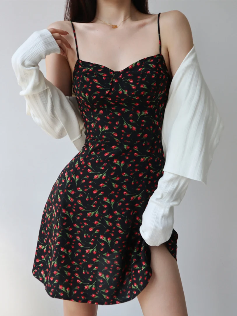 Bandage Summer Black Floral Short Dress 2024 Woman Sexy Clothes Suspenders Beach Vacation Sleeveless Backless Dresses for Women
