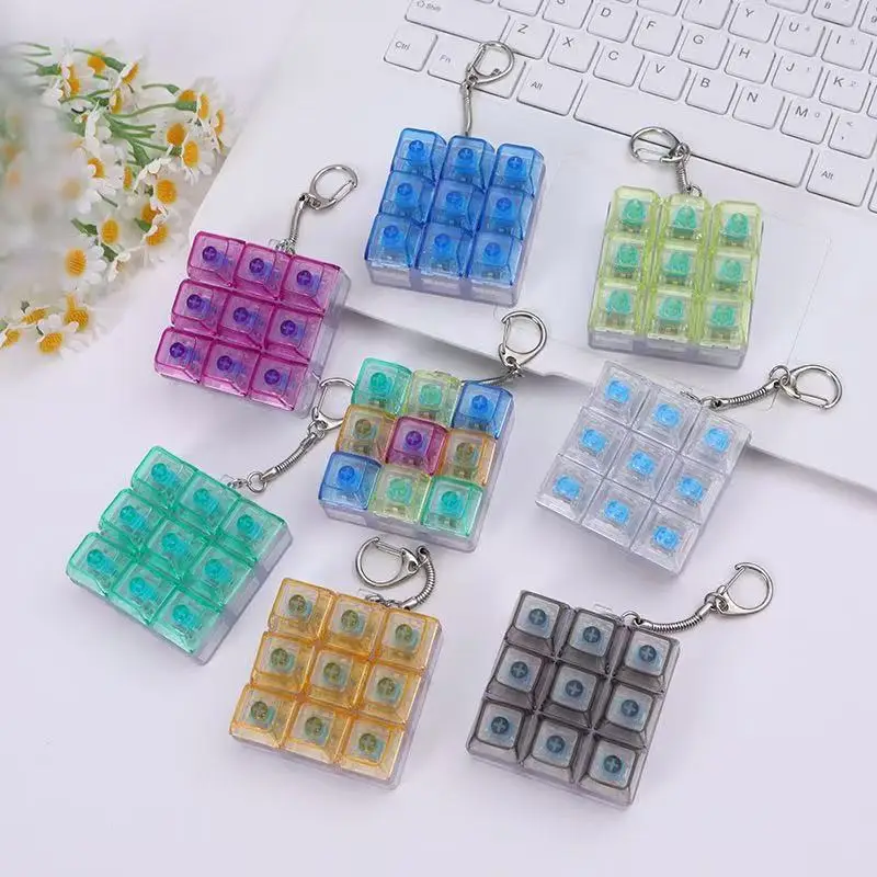 

9Keys Transparent LED Mechanical Keyboard Keychain Finger Button Anti Stress Keycap for Office Home Adults Kid Decompression