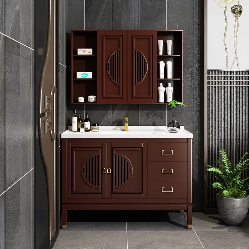 Solid wood new Chinese bathroom cabinet integrated ceramic basin mirror cabinet combination bathroom floor washing